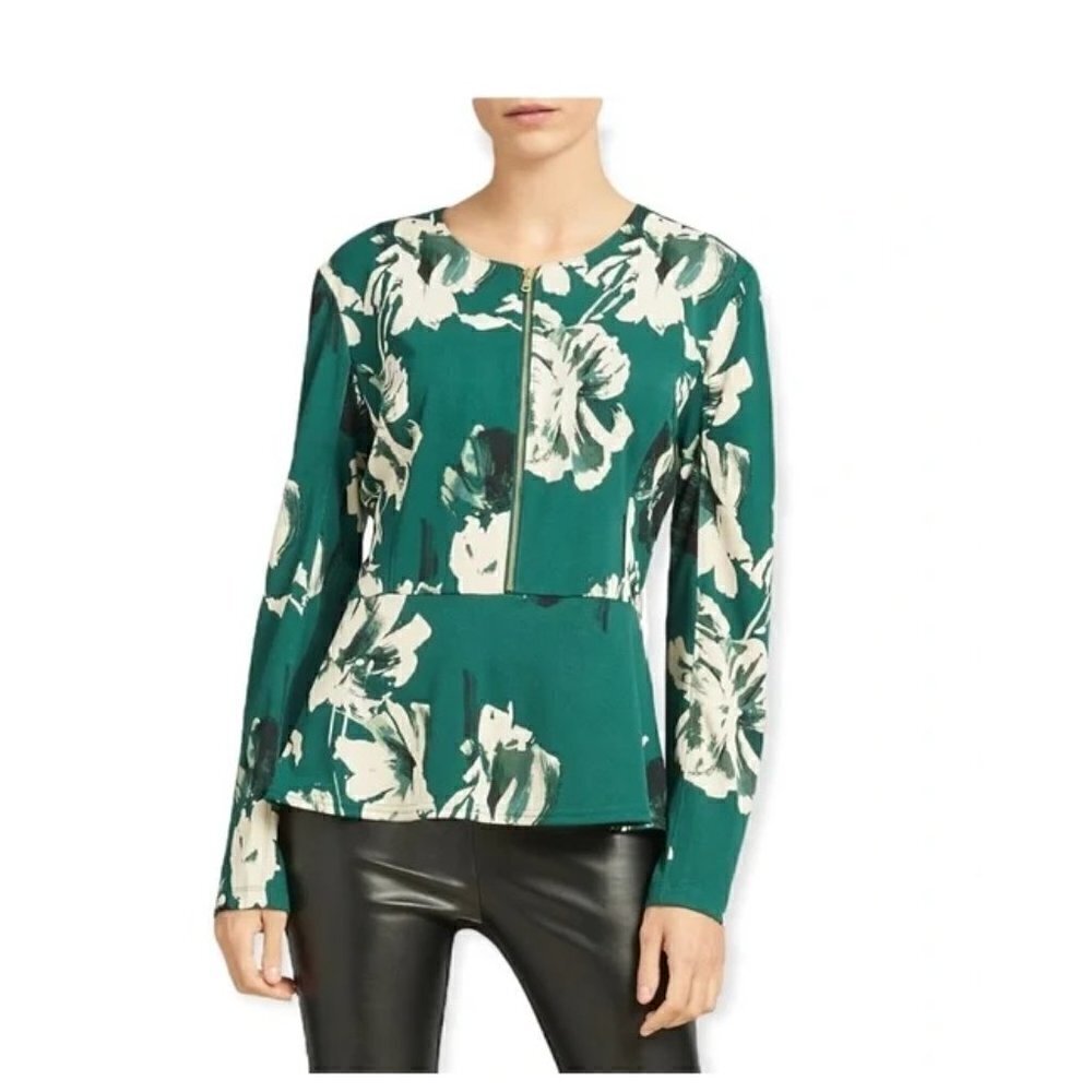 Donna Karan Green Floral Peplum Top